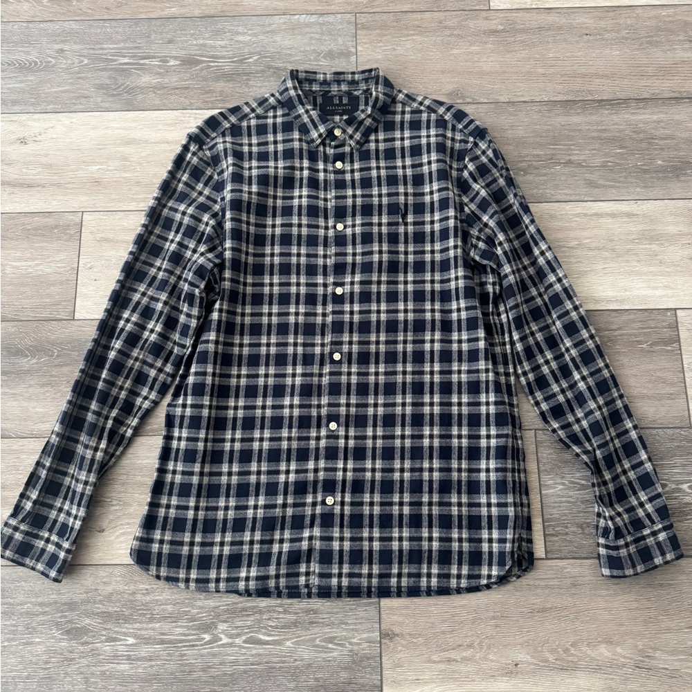All Saints Plaid Button-Down Shirt - Navy and White